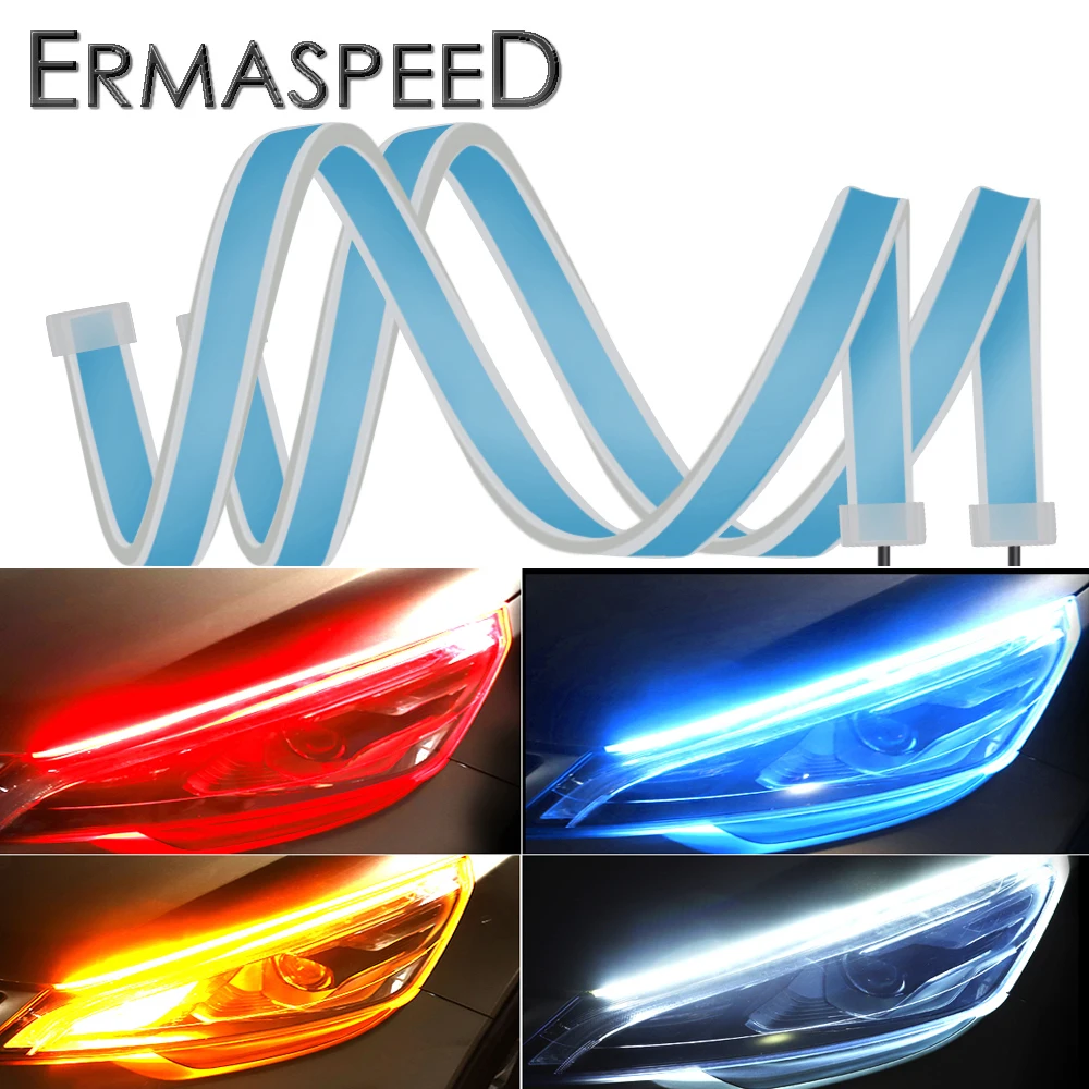 Lámpara LED para faro de coche, tubo de tira, señal de giro amarilla, 3 colores, luz de circulación diurna, impermeable, Flexible, suave, barra de luz automática, 2 uds.