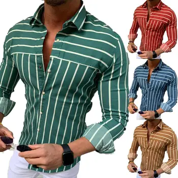 

Trendy Men Business Stripe Print Turn Down Collar Button Long Sleeve Shirt Top Large size men's office Blouse