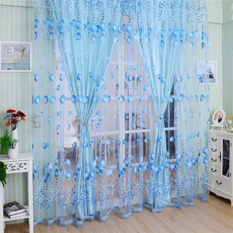 

Window Curtains Sheer Voile Tulle for Bedroom Room Balcony Kitchen Printed Tulip Pattern Sun-shading Curtain
