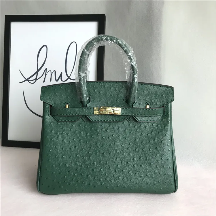 

Popular Ostrich Grain Hand Bill Of Lading Shoulder Diagonal Genuine Leather Female Bag Dark Green