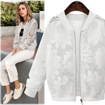 

Lace Sleeve Women Basic Coats Long Sleeve Lace Patchwork Transparent Zipper Casual Slim Jacket Coat Bomber Jacket Outwear Female