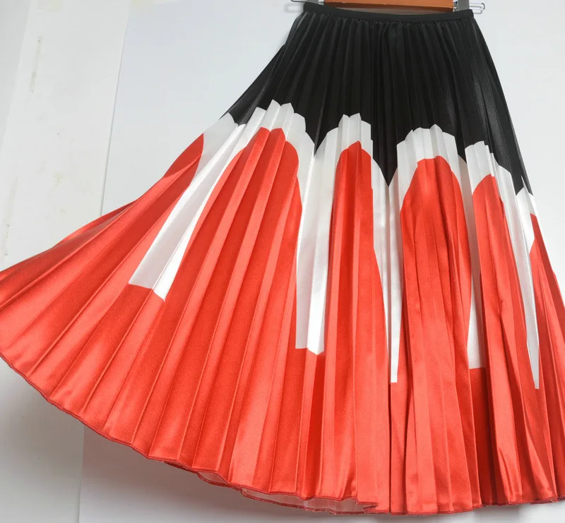 Europe And America Contrast Color Pleated Skirt Spring And Summer WOMEN'S Dress New Style Color Printing High-waisted Swing