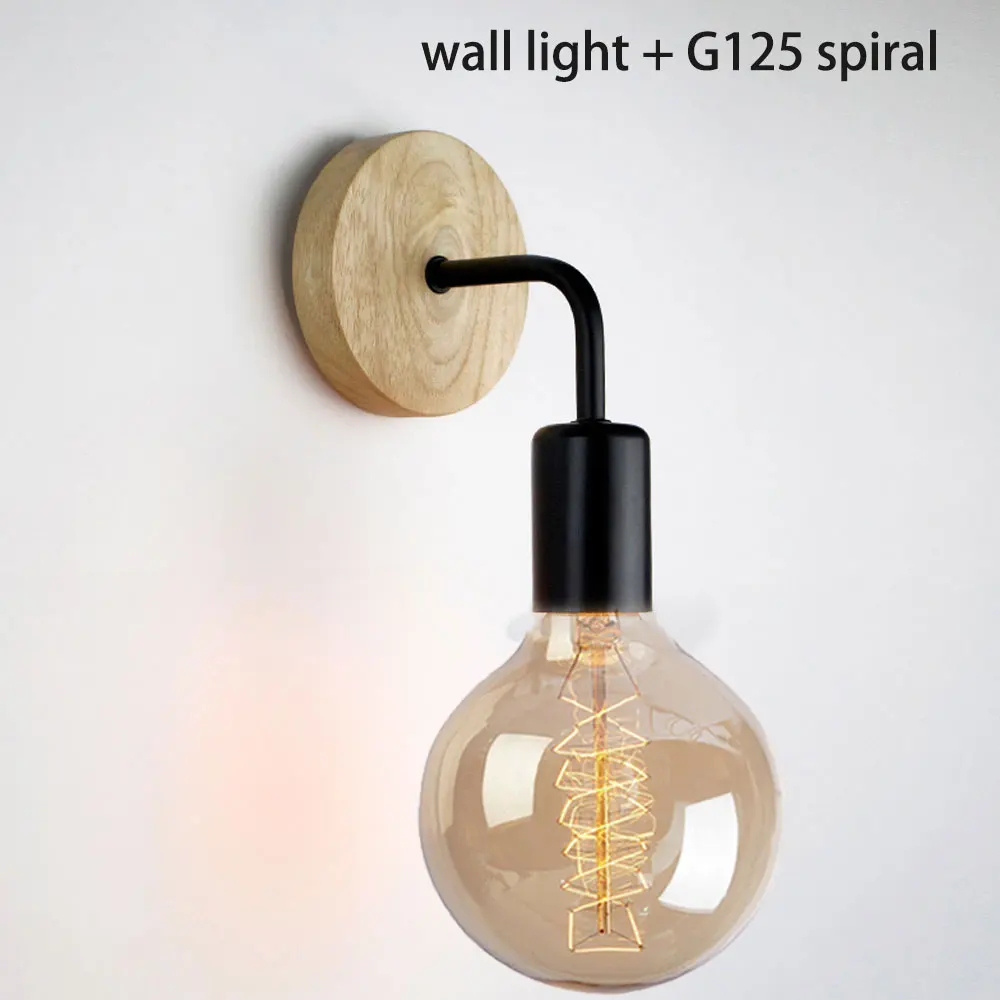 Wood Wall Lamp Vintage Industrial Wall Lights Dimmable Retro E27 Light Bulb Wall Light For Home Loft Indoor Decor Fixtures - Цвет абажура: wall-G125 spiral