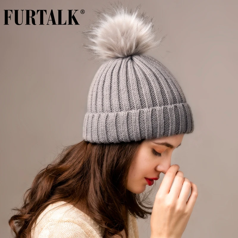 

FURTALK Beanie Hat Winter Hats for Women Knitted Pom Pom Hat Fleece Lined Soft Warm Female Winter Cap Skullies Black Grey