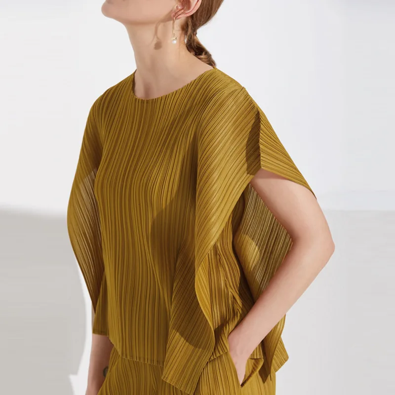 

[DAET] 2019 New Pattern Fashion Wild Pleated Shirt Loose Design Leisure Style Solid Color O Neck Nine Point Pants Suits AD081