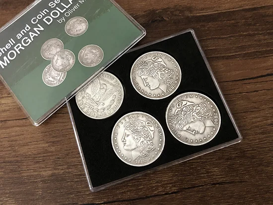Morgan Dollar Shell и монета набор(5 монет+ 1 головная оболочка+ 1 Хвостовая оболочка) крупным планом иллюзии монета волшебные фокусы, трюк Prop