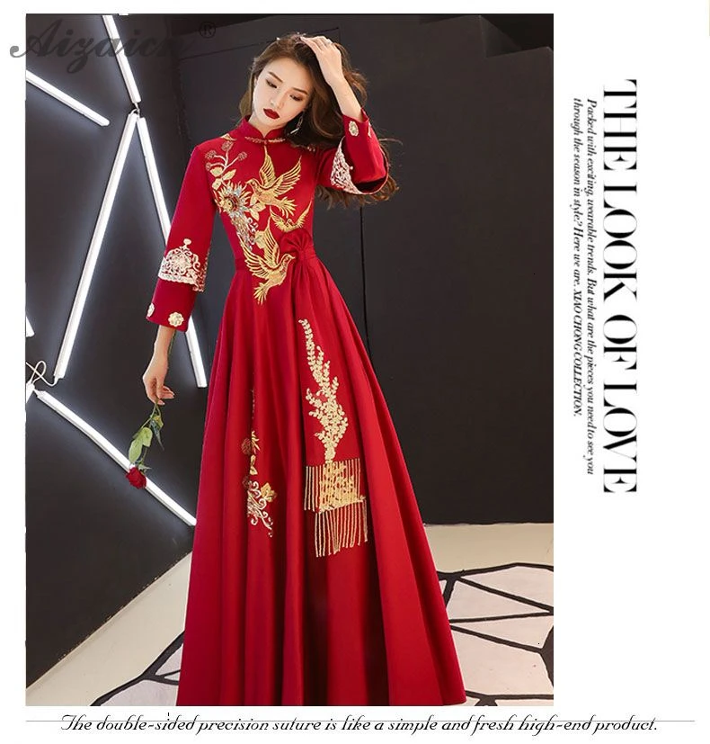 Восточный стиль красный вышивка длинный Cheongsam современная мода невесты винтажное платье Qi Pao женское китайское вечернее китайское платье-Ципао Халат
