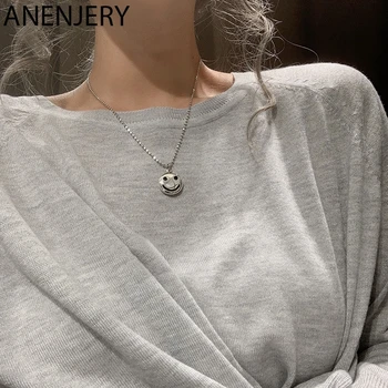

ANENJERY Simple Round Smiling Face Necklace Thai Silver Color Clavicle Beads Chains Necklace For Women Jewelry S-N597