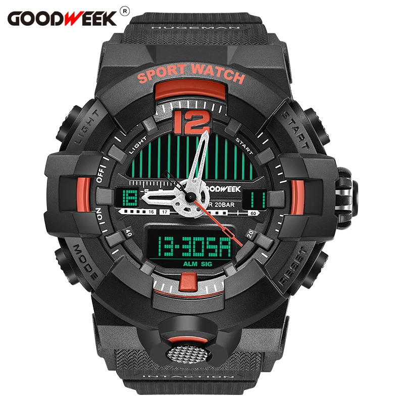 blackred GOODWEEK мужские спортивные часы водонепроницаемые военные часы с двойным дисплеем мужские часы аналогово-цифровые кварцевые наручные часы - Цвет: blackred