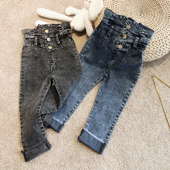 

Spring Summer girls jeans baby trousers kids denim pants children bottoms streetwear dirty wash high waist snap 3 to 9 yrs