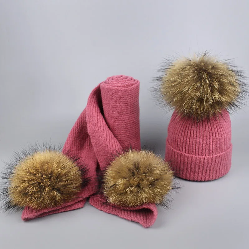 New Real Fur Pom Poms Winter Wool Hat And Scarf Set For Women Children Girl Cute Hat Knitted Warm Beanies Soft Thick Scarves Set - Цвет: E