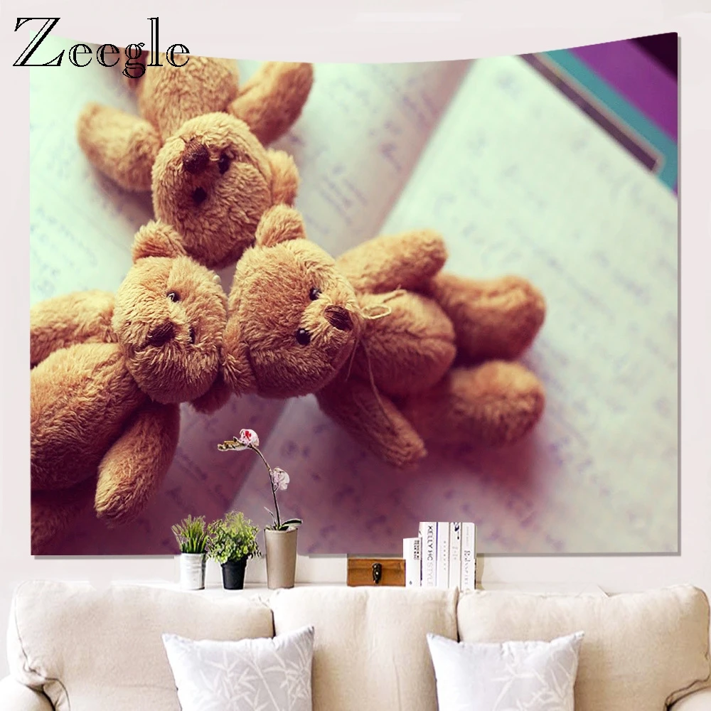 Zeegle Cute Bear Pattern Wall Tapestry Wall Hanging Blanket Polyester Home Decoration Tapestry Machine Made Towel Modern