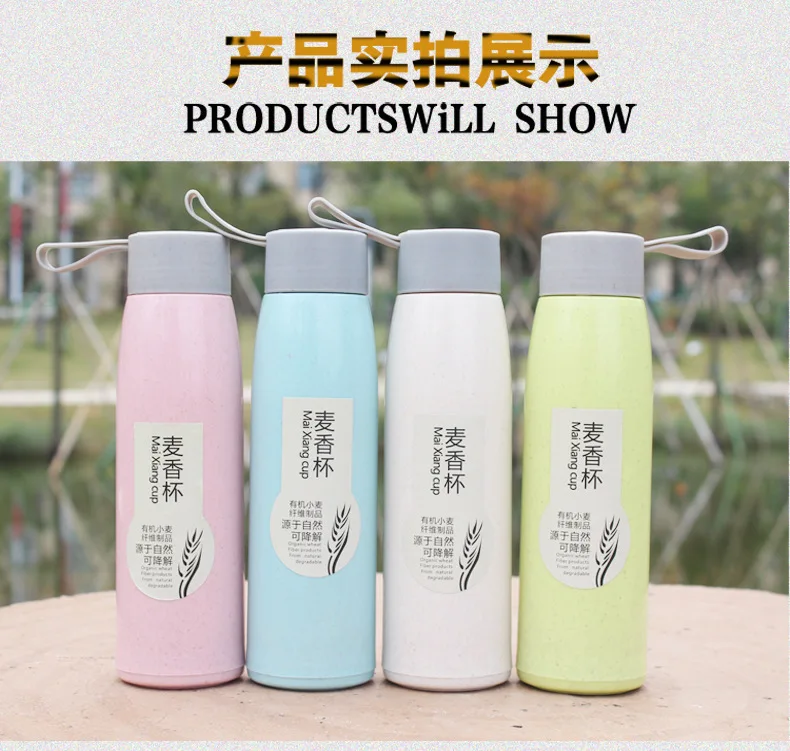 Creative Sports Bottle Double Layer Wheat Cup Printed Words Insulated Cup Advertisement Gift Cup Wheat Glass Bottle Customizable