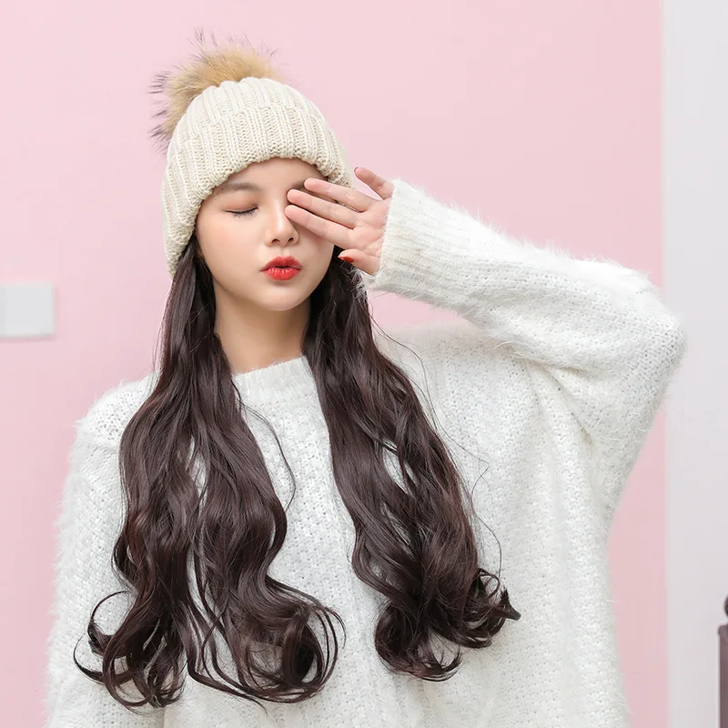 Модные зимние шляпы для женщин Skullies Beanies вязаная шапка парик все-в-одном парик шляпа капот