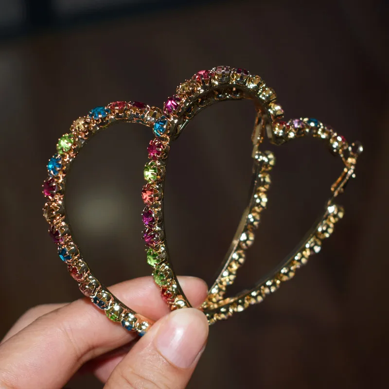 7.5cm Heart Разноцветные блестящие стразы, большие серьги-кольца для женщин, модные ювелирные изделия, богемные коллекционные серьги, аксессуары - Окраска металла: 7.5cm Heart