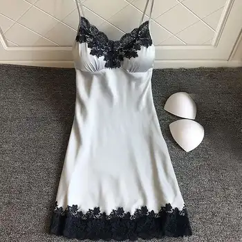 

2020 Hot Sale Women Sexy Sling Lace Nightgown Summer Deep V Neck Nightdress Silk Sleepwear Sleeveless Mini Night Dress XL
