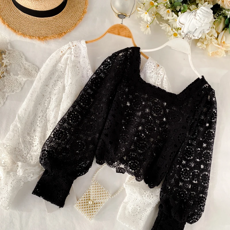 Neploe кружевная рубашка с вырезом, корейский короткий тонкий Топ, Blusas, длинный Пышный рукав, винтажный квадратный воротник, блузки, осенние женские топы 56612