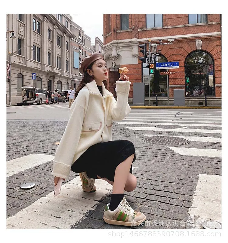 Пальто из овечьей шерсти, женское короткое, рост, осень и зима, свободное, милое, в японском стиле, толстое, двухстороннее, плюшевое, шерстяное