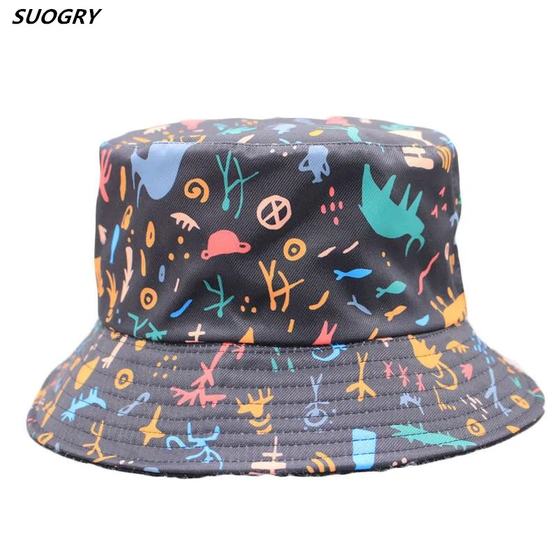

2020 Summer Black Bucket Cap Women gorro pescador cartoon Print bob femme chapeau fisherman Hat Men Panama Fishing Hats Hip Hop