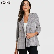 YOINS, осенне-зимний Блейзер, женские куртки, пальто в клетку, двубортный, с отворотом, с длинным рукавом, Feminino, серый, повседневная, рабочая, уличная одежда