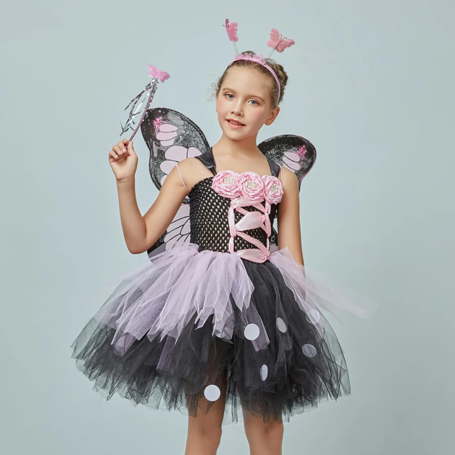 Girls Monarch Butterfly Fairy Costume Kids Flower Tutu Dress with Wings Girls Insect Animal Halloween Party Dress Up Dress (8)