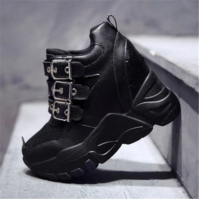 Модная женская обувь на платформе, увеличивающая рост, дышащая женская повседневная обувь на танкетке и высоком каблуке с пряжкой и ремешком, Femme - Цвет: Черный