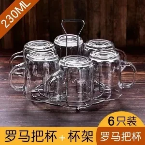 Толстая термостойкая стеклянная чайная чашка без свинца, термостойкая, анти-обжигающая, с ручкой, пивные напитки, чашки, чайные чашки, 6 с стойкой - Цвет: 6 piece set