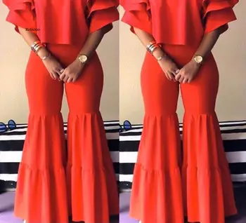 

Red Solid Ruffles O-neck Short Sleeve Full Length Bodycon Set New Pencil Fashion Color 2 Pieces Casual Women Set
