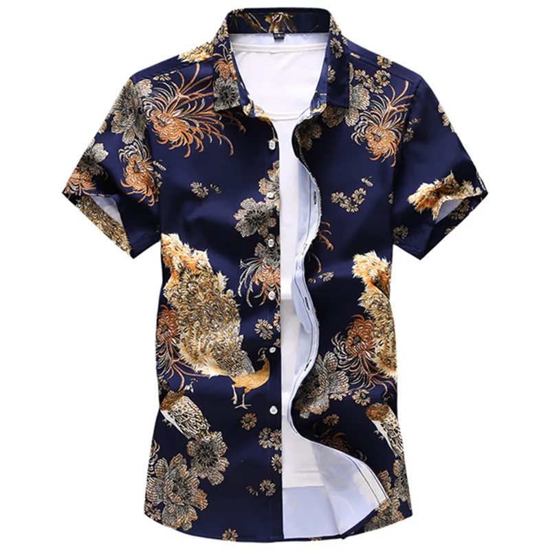 Китайский Стиль цветочный принт Мужская рубашка с коротким рукавом и узкие