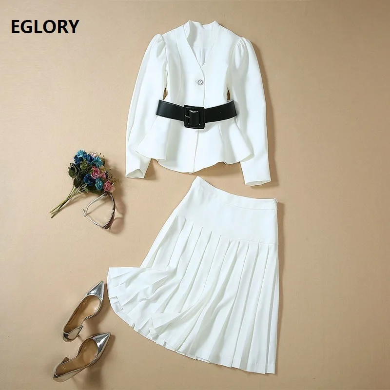 

Elegant Jacket Set 2019 Autumn Fashion Business Suit Women V-Neck Beading Button Long Sleeve White Jacket+Pleated Skirt Set Suit