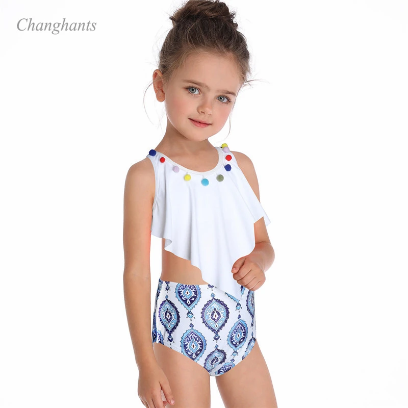 

2019 New Model Girl Bikini Set White & Paisley Girls Two Piece Swimwear Child Tankini Swimsuit Kids Bathing Suits Summer Wear