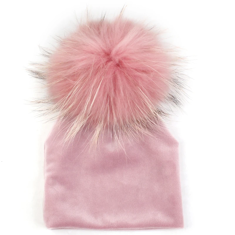 pink B Nebworn зимнее теплое платье из плотной ткани, шапки-бини с 15 см енота меховым пом Шапки для маленьких мальчиков и девочек мягкая детская шляпа для малышей - Цвет: pink B