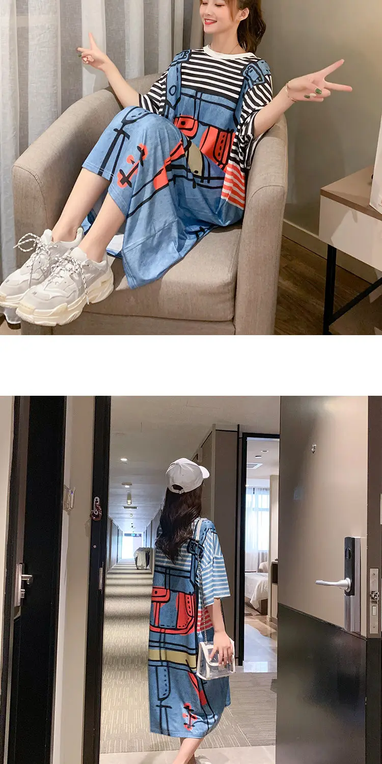 Dress Women Striped Cartoon Printed Oversize Hot Selling Long Dresses Graphic Ulzzang Female Lovely Chic Streetwear Popular Maxi