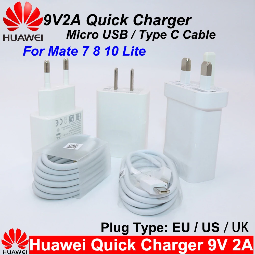 Huawei 9V2A EU/US/UK Fast charger QC2.0 Quick Charge Adapter Micro USB/Type C Cable For Mate 7 8 10Lite P8 9 Honor | Мобильные