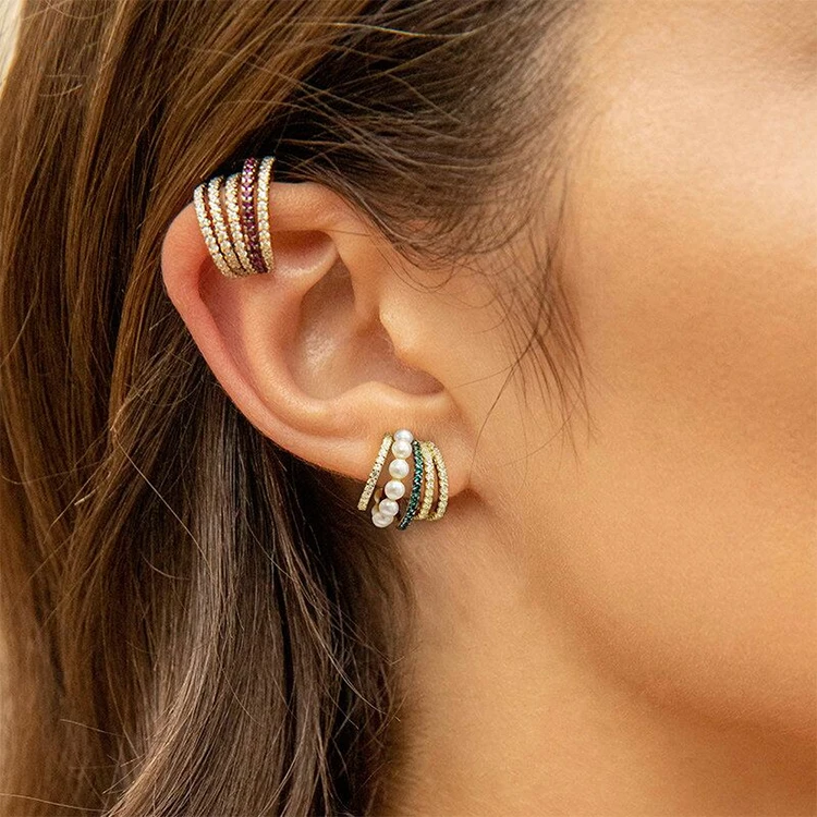 Five Hoop Circle Ear Bone Clip with Pearl No Pierced Cuff Earring 925 sterling silveer monaco earrings hoop cuff ear bijoux