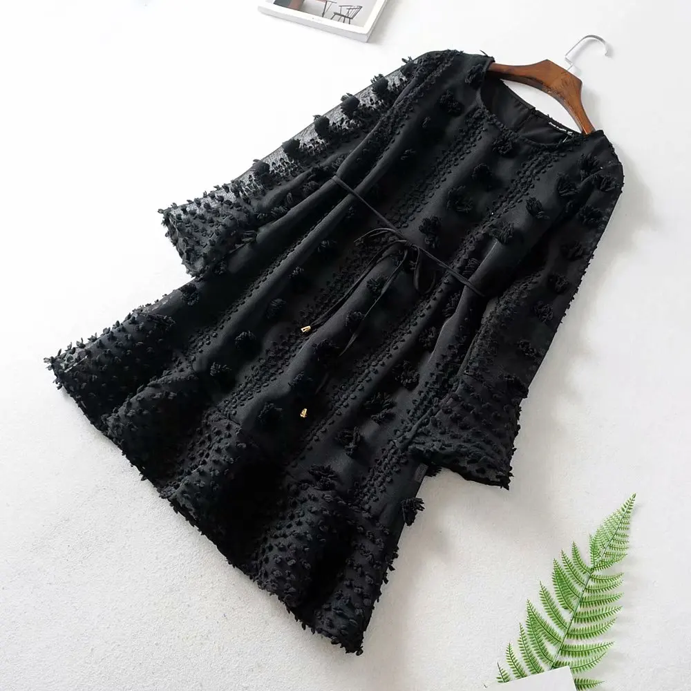 Сексуальные Платья женские черные Осень Зима с длинным рукавом Boho A Line Ruffle вечерние платья с поясом галстук Vestidos модное платье D