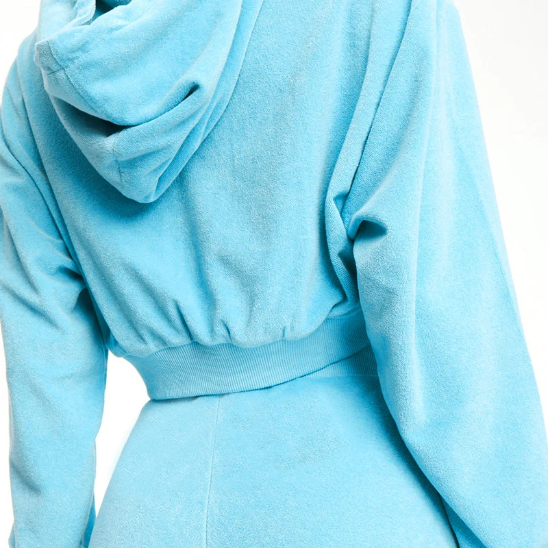 InstaHot/укороченные толстовки с капюшоном на завязках комплект из 2 предметов с широкими штанами для женщин, весенний Повседневный Бархатный синий спортивный костюм с длинными рукавами