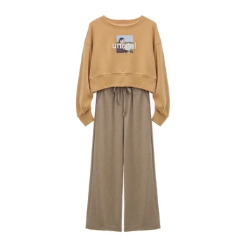 

Korean Fashion Women Fall New Round Collar Long Sleeve Casual Clothes Waist Drape Wide Trouser Loose Pants Plus Size Outfit