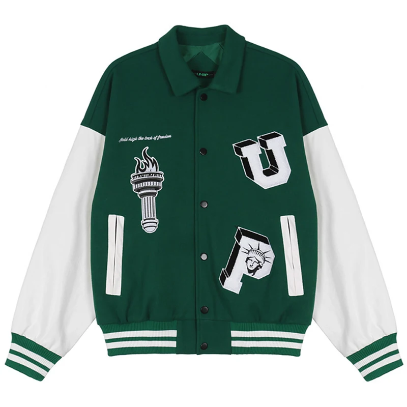 New Arrival Autumn Patchwork Green Graphic Embroidery Men Baseball Letterman Jacket Women Bomber 