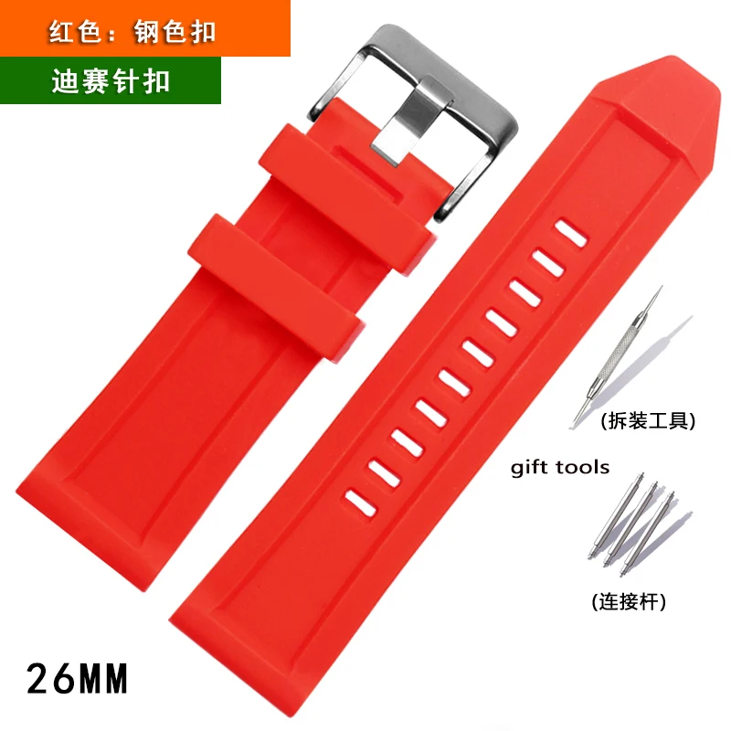 24MM 26MM Waterproof Silicone Watch Belt Replaces Diesel Disser Officer Series DZT 2006 | 7333 | 7257 | 7317 Men's Watch Belt - Цвет ремешка: 26MM red silver