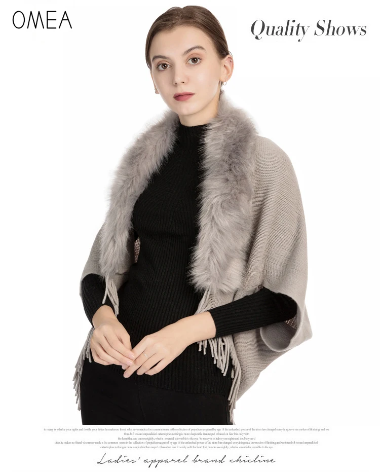 OMEA Fur Collar Poncho Women Winter Knitted Pullover Poncho with Tassel Women Shawl Solid Color Female Ponchos and Capes Ladies