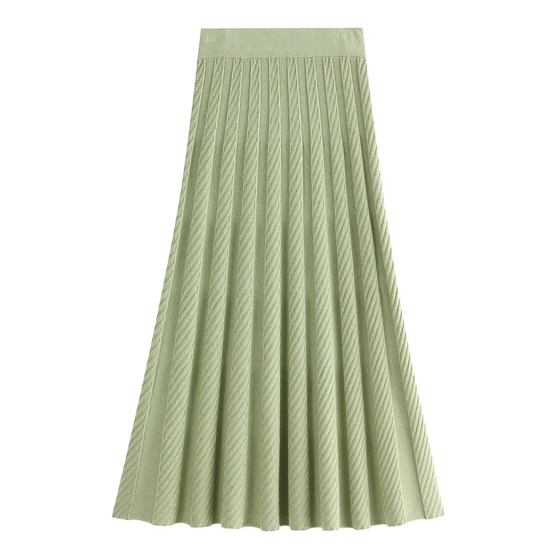 Женская трикотажная трапециевидная длинная юбка с высокой талией, эластичная винтажная женская зимняя плиссированная юбка, зеленая Faldas Jupe Femme Saia