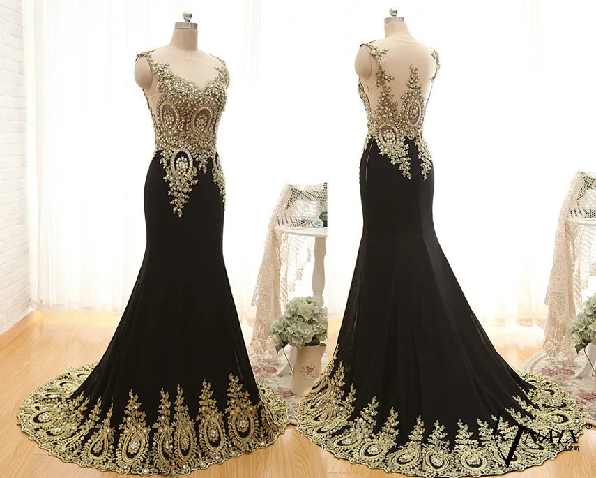 Robe De Soirée Longue élégante Manche Longue Robe-de-Soiree-Longue-Gold-Lace-Appliques-Mermaid-Evening-Dress-Dubai