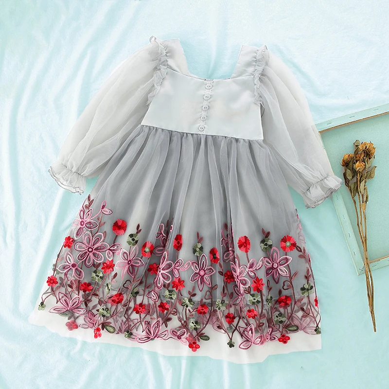 Spring Girls Princess Dress Long Sleeve Children Clothing Floral Sweet Family Party Wear Tulle Baby Girls Dress Vestidos 3-14Y Mom And Daughter Matching Outfits