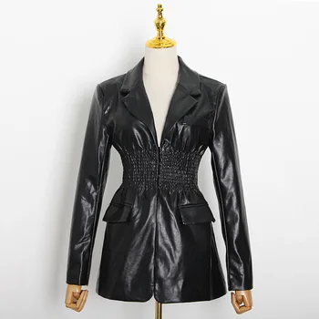 

NEW Chic Women Notched Collar PU Leather Suit Blazer Elegant Elastic Waist PU Leather Jacket