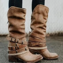 Litthing; модные женские сапоги; мотоциклетные сапоги на шнуровке; сапоги до колена на низком каблуке; женские сапоги с боковой молнией и пряжкой; Botas; цвет коричневый