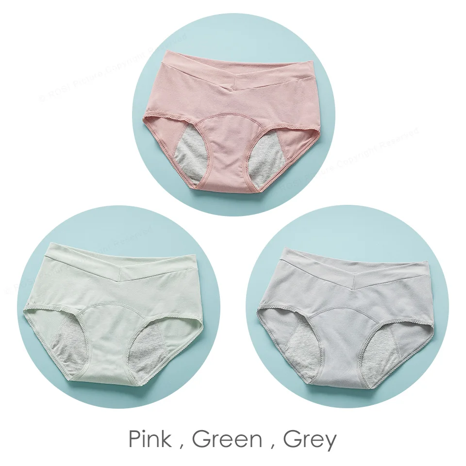 Pink Green Grey ROSI женское менструальное нижнее белье хлопок Комфорт высокая талия непроницаемые шорты трусики женские нижнее белье бренд трусы 3 шт - Цвет: Pink Green Grey