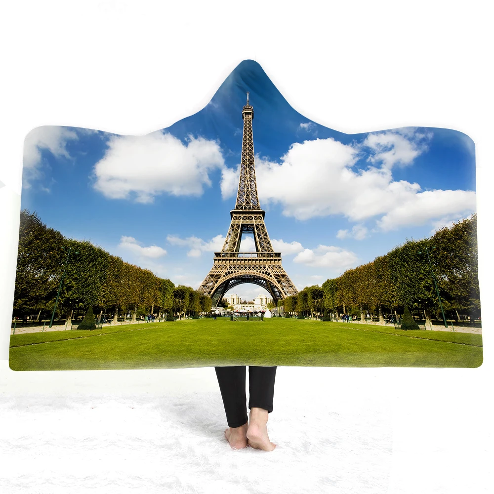 Вид природы 3d печать одеяло башня Парижа Белое Облако флис шерпа с капюшоном пледы одеяло взрослый носимый сон одеяло на диван кровать