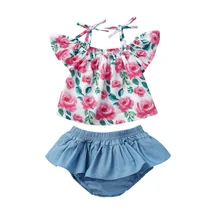 Футболка с цветочным принтом и открытыми плечами для новорожденных девочек от 0 до 2 месяцев+ мини-шорты-пачки, комплект одежды