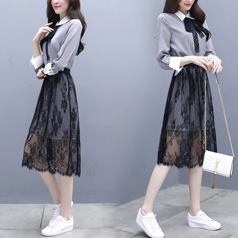 Photo Shoot Long Sleeve Mid-length Joint Lace Dress Women's Spring Plaid-Style Two-Piece Set Skirt
